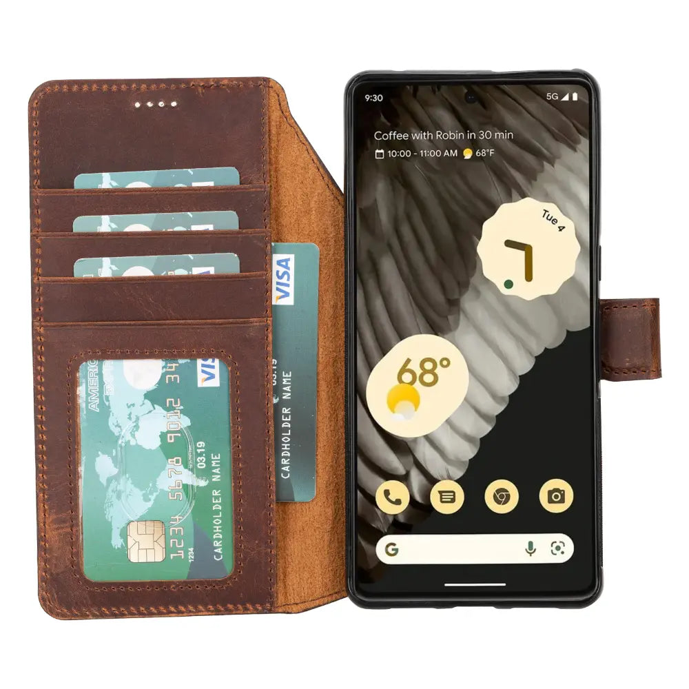 Luxury Brown Leather Google Pixel 7 Pro Detachable Wallet Case with RFID Protection - Velluto3