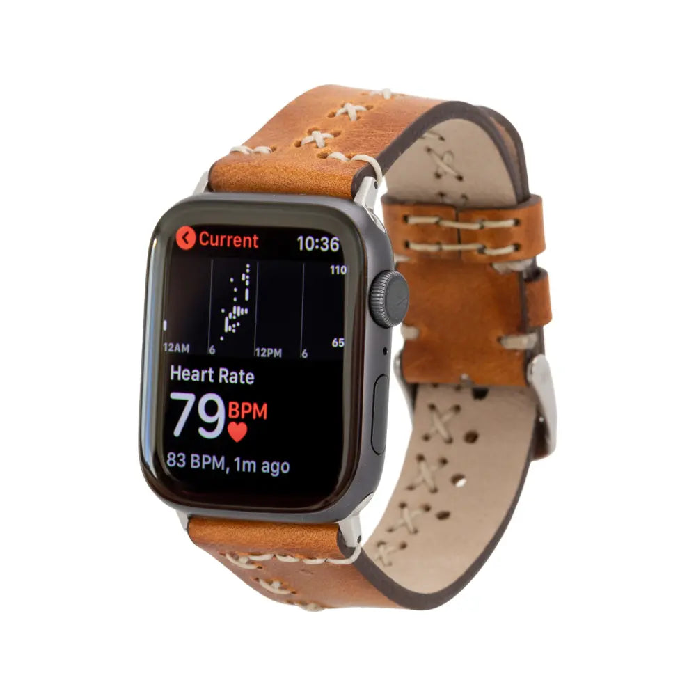 Luxury Golden Brown Leather Apple Watch Band with Stitch Detailed for All Sizes and Series with Rivet - Velluto - 1