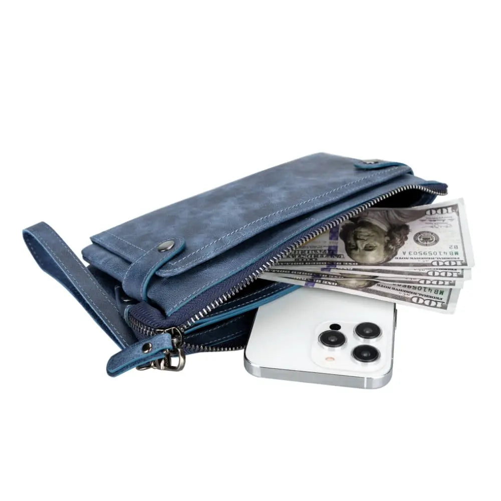 Luxury Leather Blue Card Holder Wallet with Phone Holder Slot - Velluto - 4