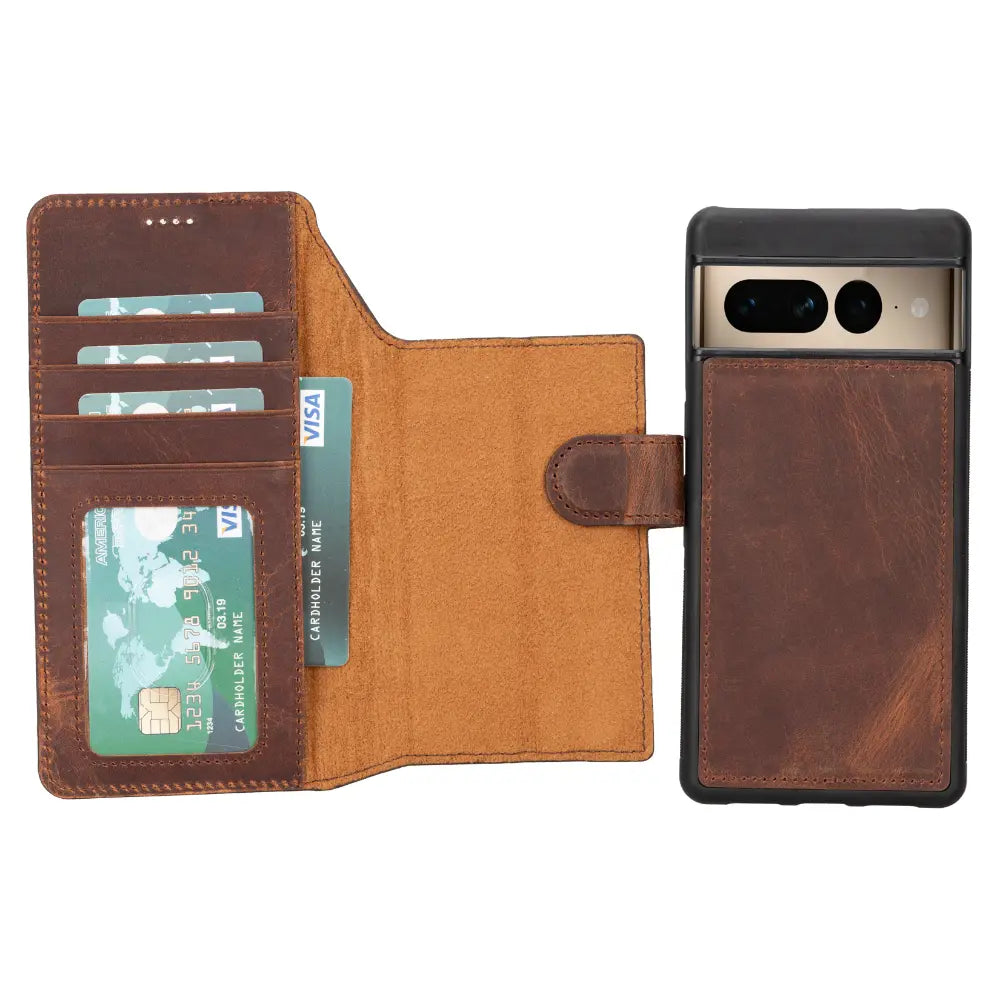 Luxury Brown Leather Google Pixel 7 Pro Detachable Wallet Case with RFID Protection - Velluto4