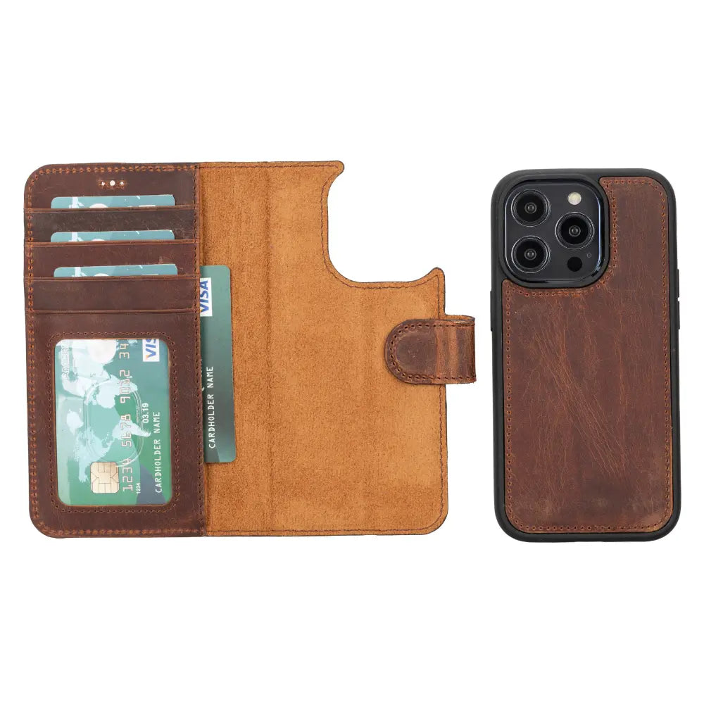 Luxury Brown Leather iPhone 14 Pro Card Holder Detachable Wallet Case with MagSafe - Velluto - 1