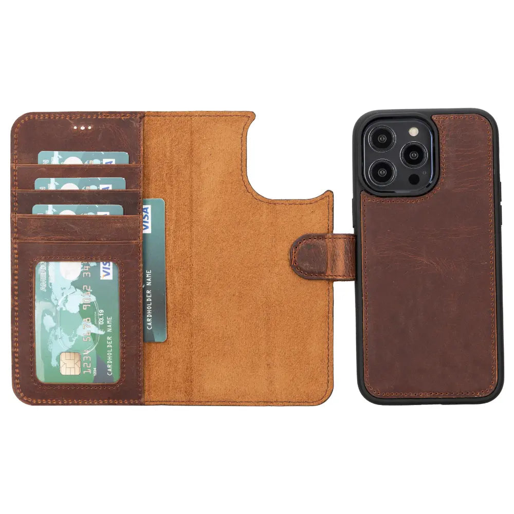 Luxury Brown Leather iPhone 14 Pro Max Card Holder Detachable Wallet Case with MagSafe - Velluto - 4