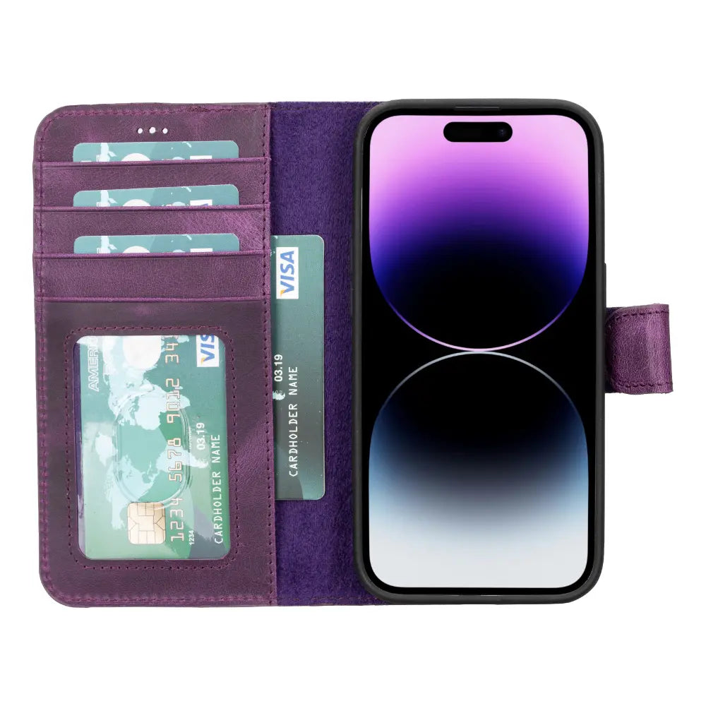Luxury Heavy Purple Leather iPhone 14 Pro Card Holder Detachable Wallet Case with MagSafe - Velluto - 3