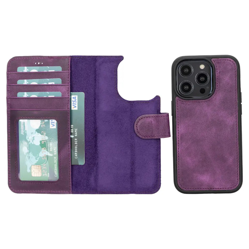 Luxury Heavy Purple Leather iPhone 14 Pro Card Holder Detachable Wallet Case with MagSafe - Velluto - 4