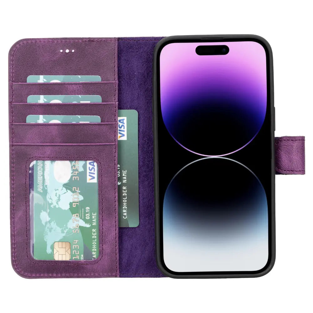Luxury Heavy Purple Leather iPhone 14 Pro Max Card Holder Detachable Wallet Case with MagSafe - Velluto - 3