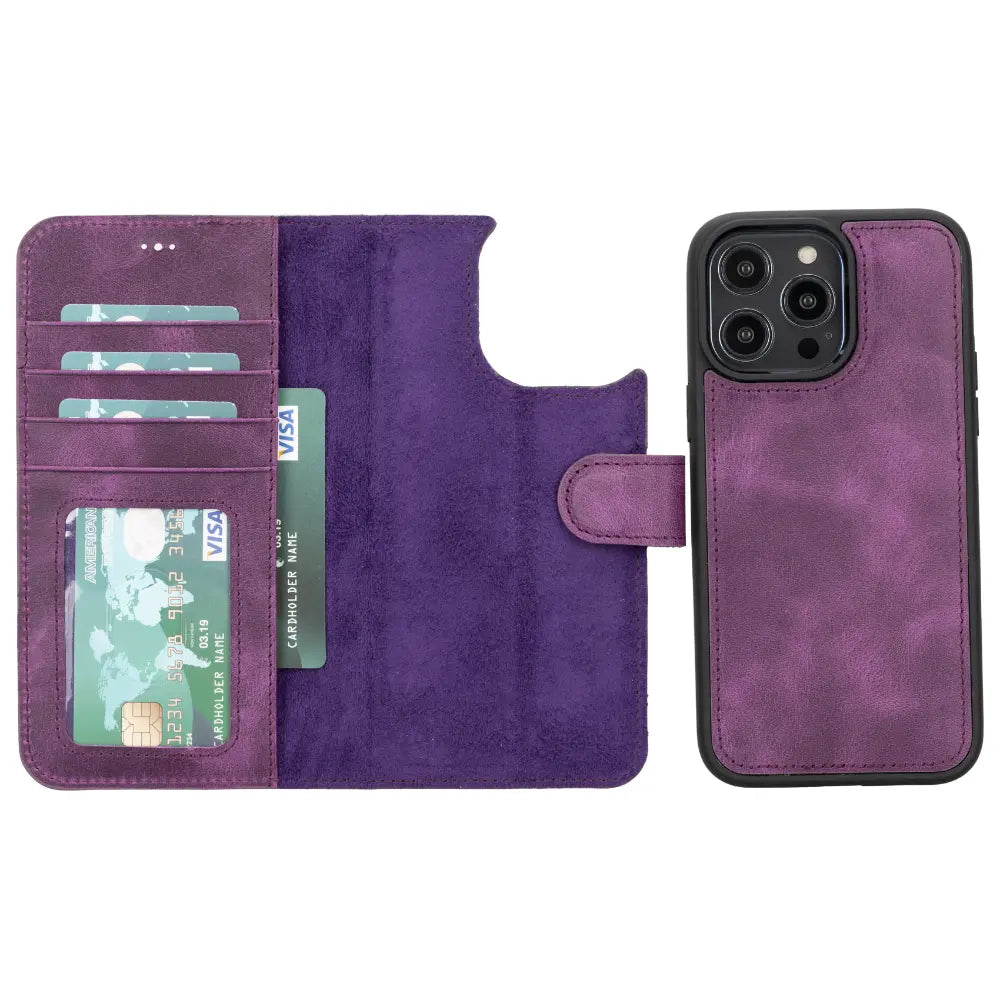 Luxury Heavy Purple Leather iPhone 14 Pro Max Card Holder Detachable Wallet Case with MagSafe - Velluto - 4