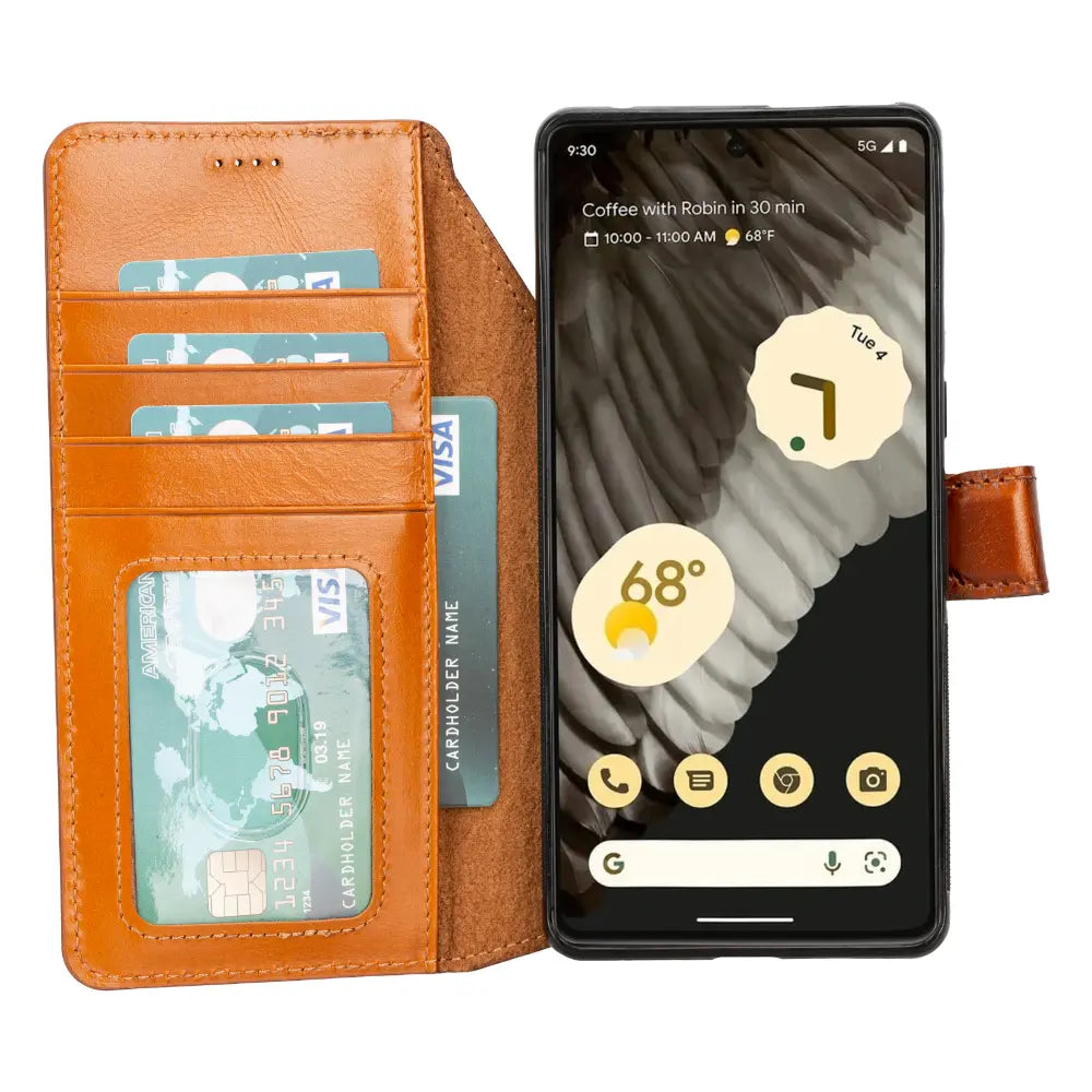 Luxury Rustic Brown Leather Google Pixel 7 Pro Detachable Wallet Case with RFID Protection - Velluto3
