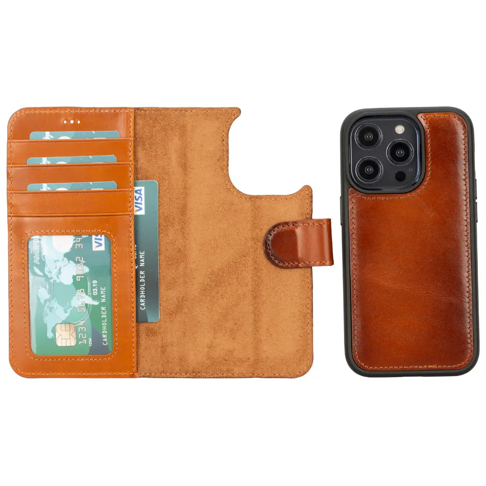 Luxury Rustic Brown Leather iPhone 14 Pro Card Holder Detachable Wallet Case with MagSafe - Velluto - 4