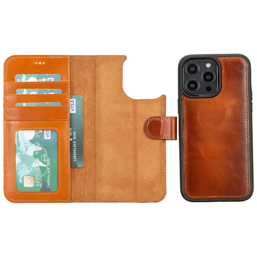 Luxury Rustic Brown Leather iPhone 14 Pro Max Card Holder Detachable Wallet Case with MagSafe - Velluto - 4